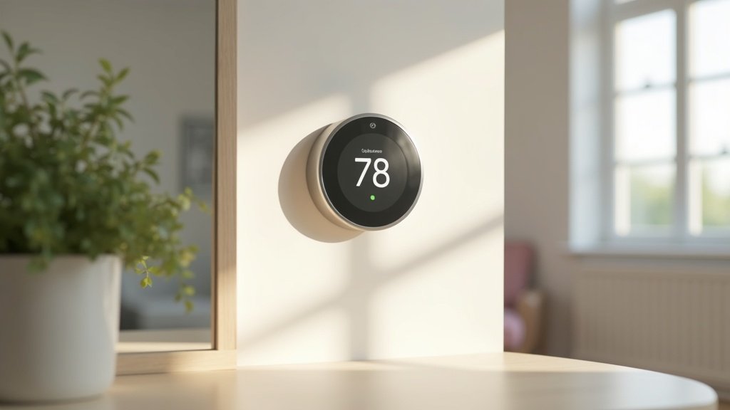 Google Nest thermostat with a modern mirrored display