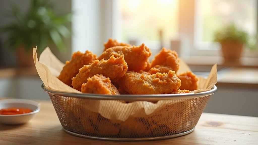 air fryer basket with golden chicken wings