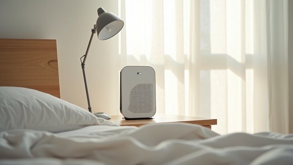 compact air purifier on nightstand for allergies
