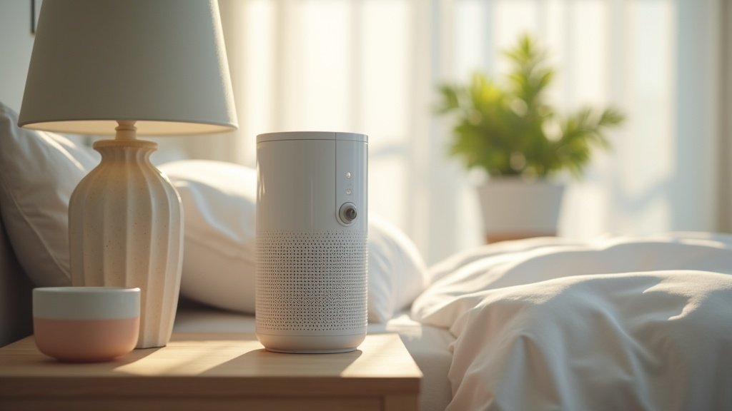 air purifier with night mode on bedside table