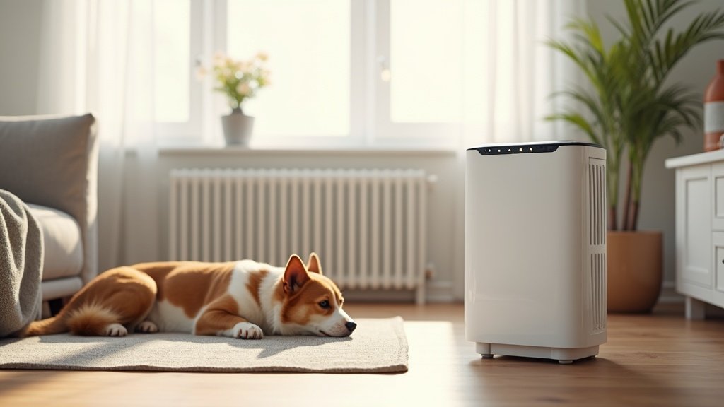Air purifier running in a living room with a dog and cat resting nearby