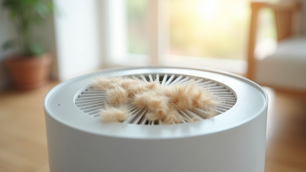 Close-up of HEPA air purifier filter covered in trapped pet hair and dander