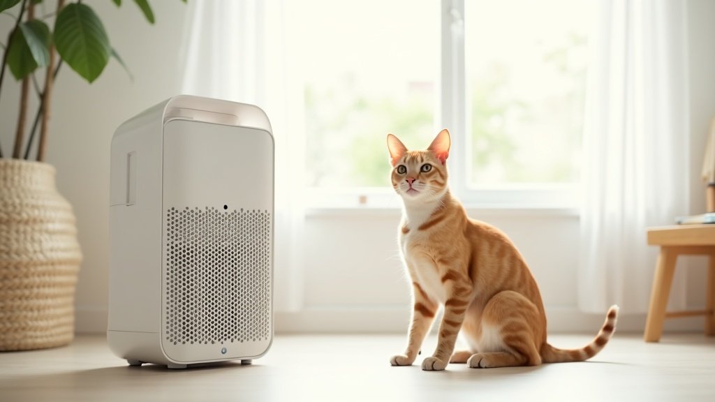 Cat sitting near an air purifier in a bright, clean home interior