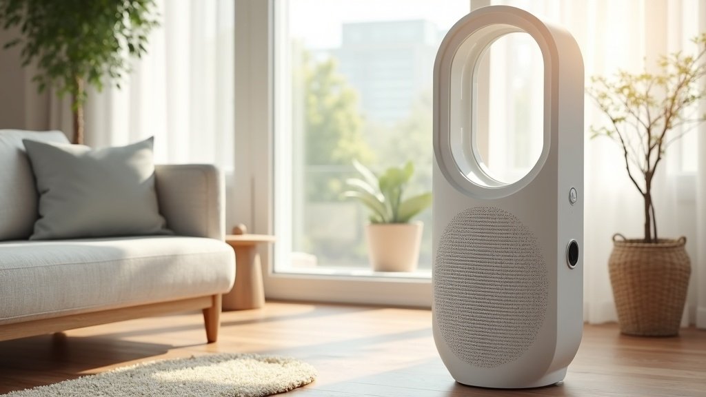 Air purifier with washable filter in a bright modern living room