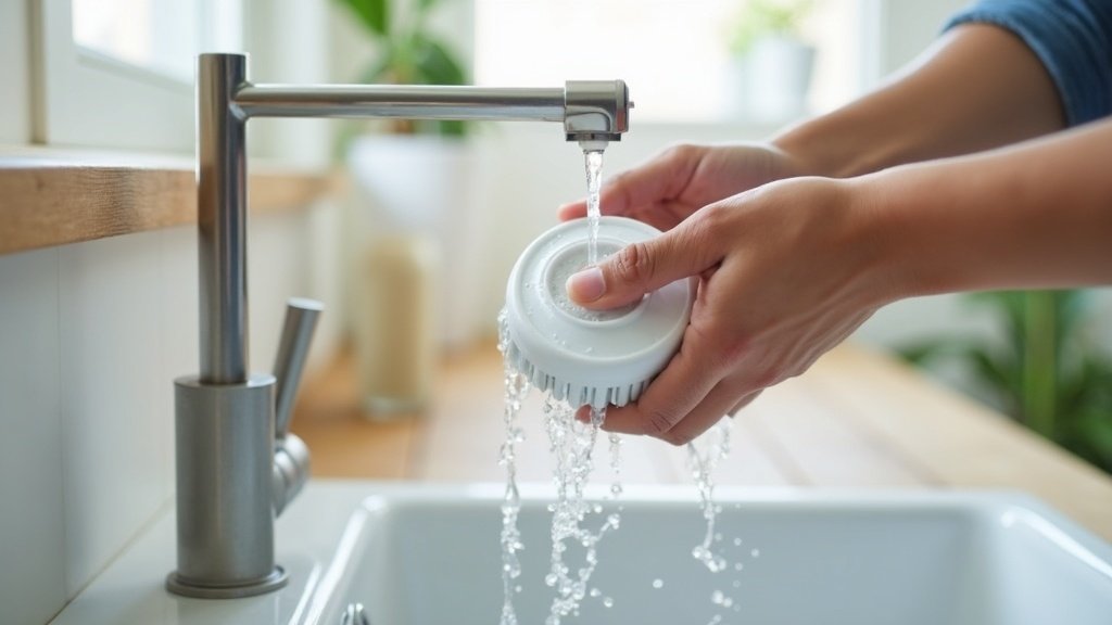 Person rinsing a washable air purifier filter under running water in a sink
