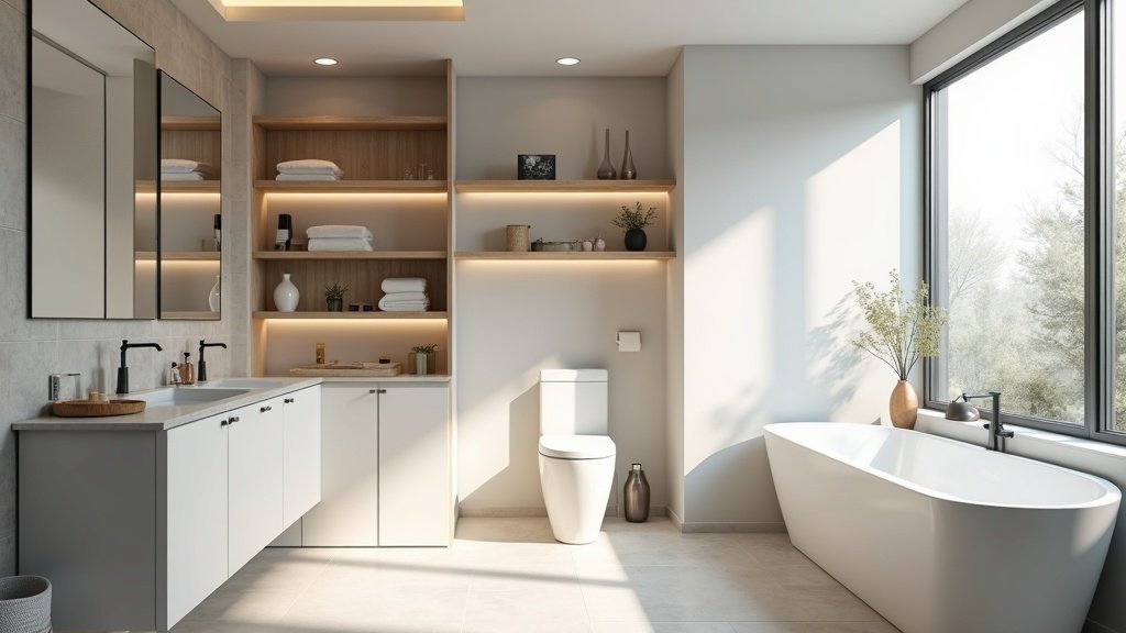 Modern bathroom with smart storage solutions and organized shelves