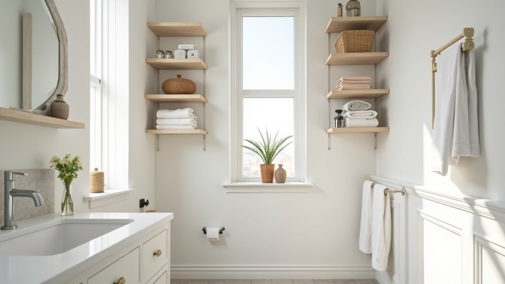 Small bathroom with multiple smart storage solutions installed