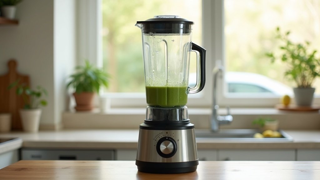 powerful blender making green smoothie