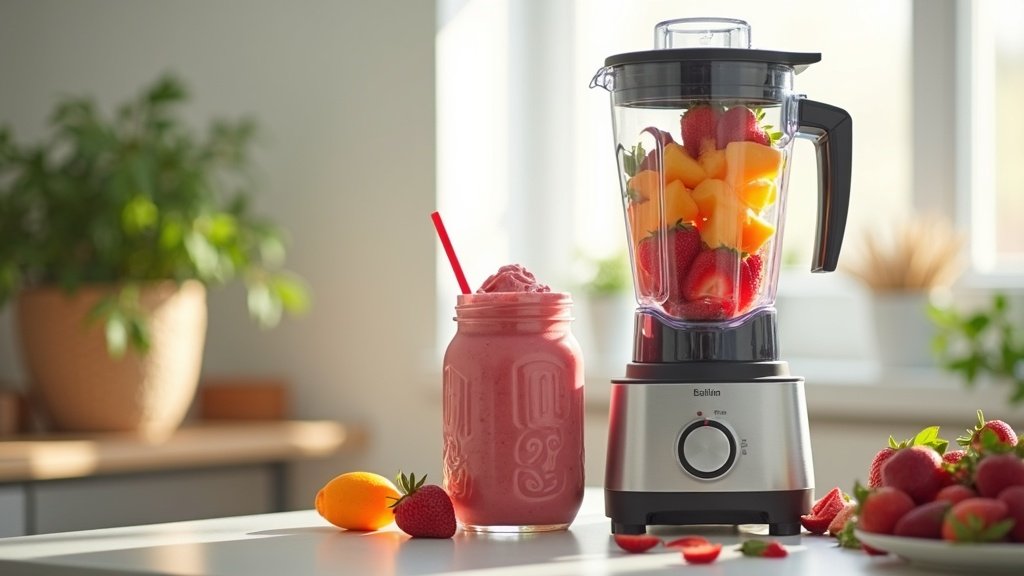 blender with frozen fruit smoothie in jar