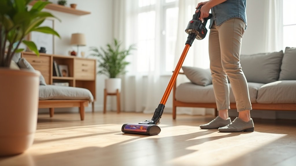 Cordless stick vacuum cleaning hardwood floor in bright living room