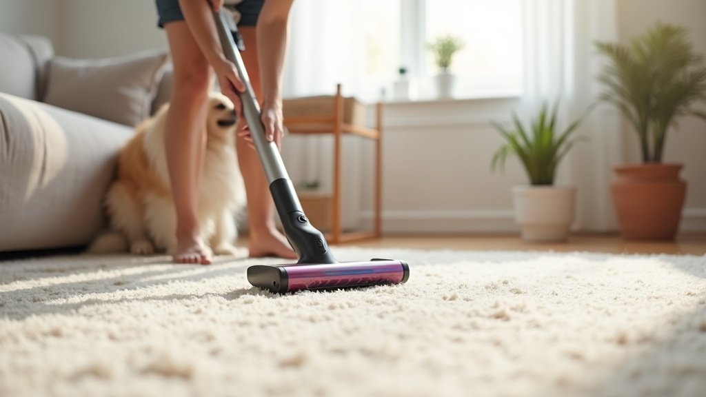 Cordless stick vacuum cleaning pet hair from carpet close up