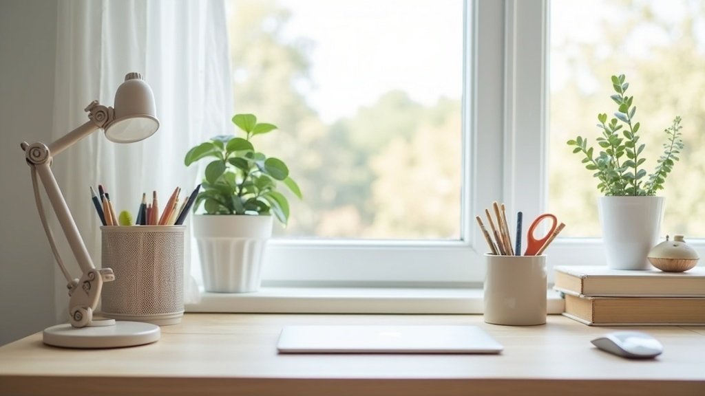Clean home office desk with organized supplies and accessories