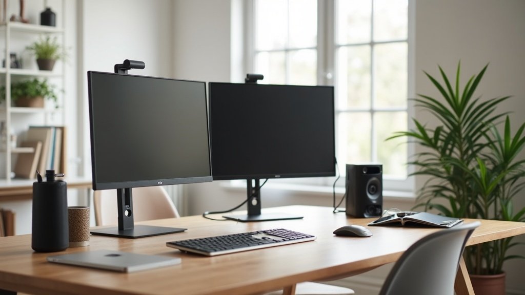 Home office with desk organizer, monitor stand, and tidy workspace