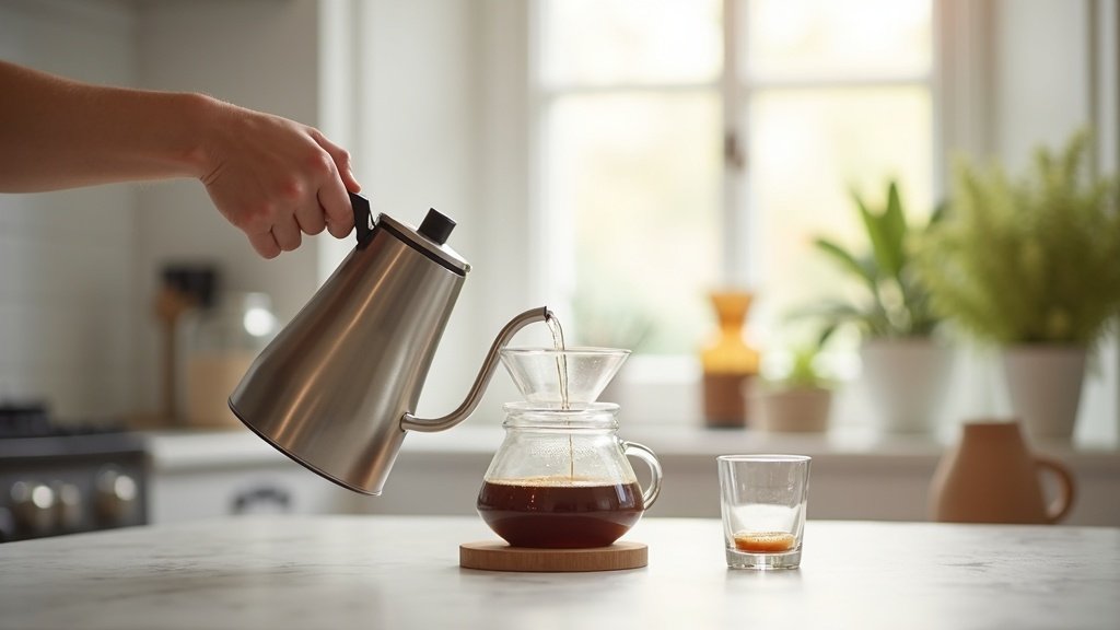 Electric gooseneck kettle pouring hot water for pour-over coffee