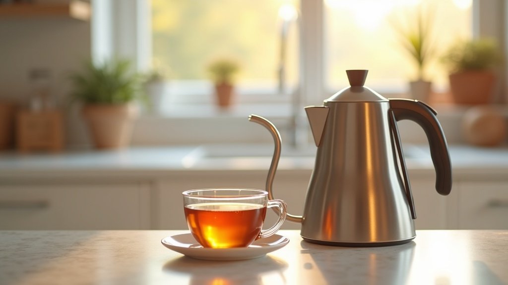 Cup of tea with electric kettle in cozy kitchen setting