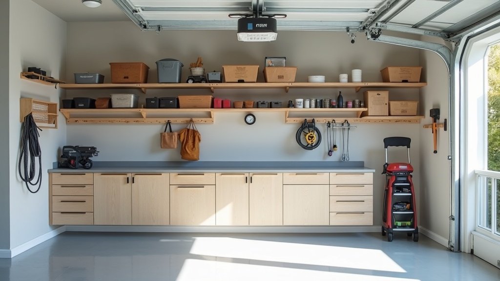 organized garage with wall-mounted storage system