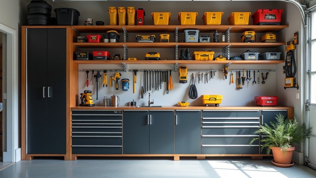 garage storage shelving unit with tools and bins
