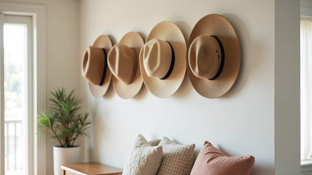 Organized hat collection displayed on wall-mounted hat rack in entryway