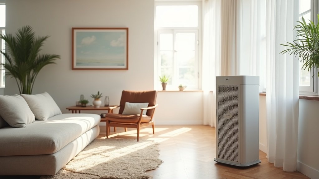 tower air purifier in spacious living room