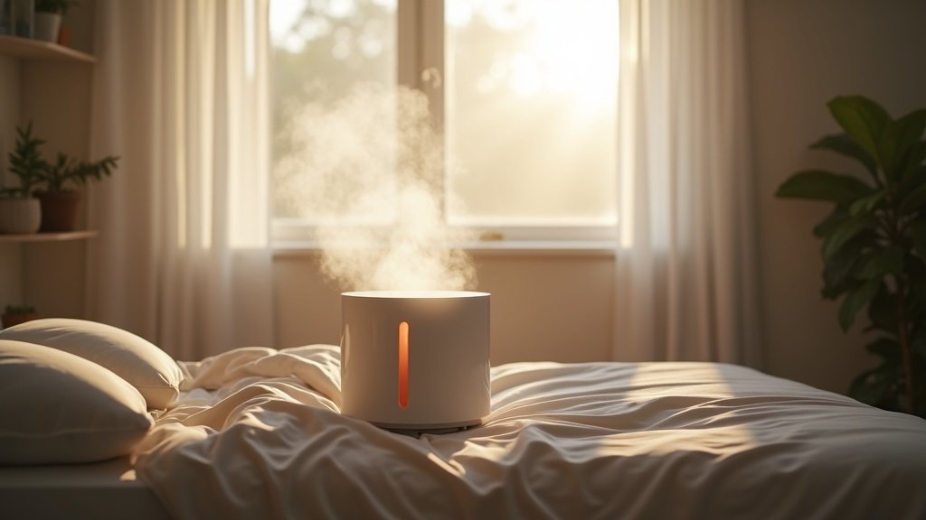 humidifier producing visible mist in dim bedroom