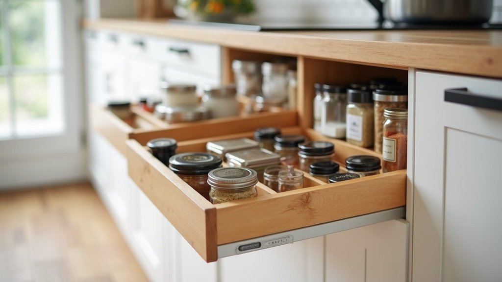 Well-organized kitchen cabinet with pull-out shelves and neatly arranged containers and spices