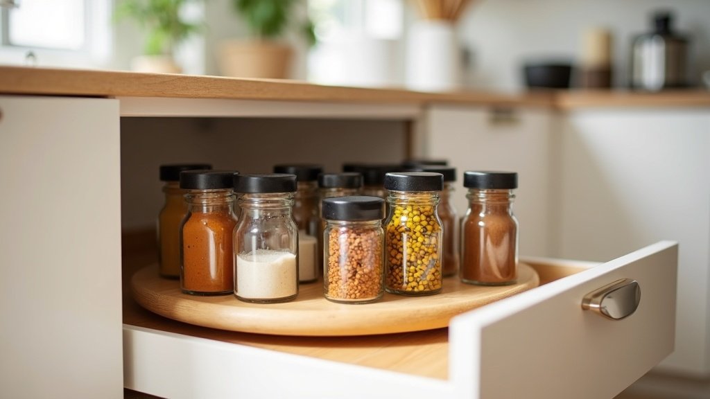 Lazy susan turntable inside a kitchen cabinet with spices and condiments neatly arranged