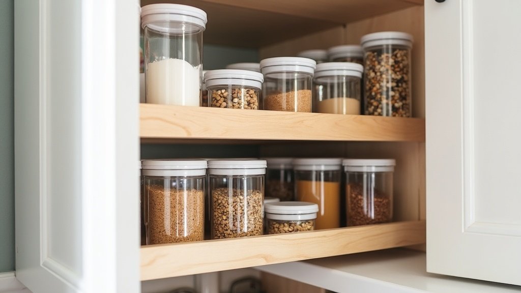 Neatly organized kitchen pantry cabinet with pull-out shelves and labeled containers