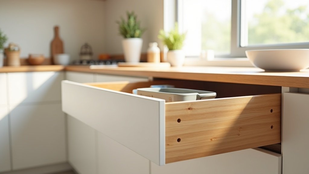 bamboo drawer organizer in kitchen