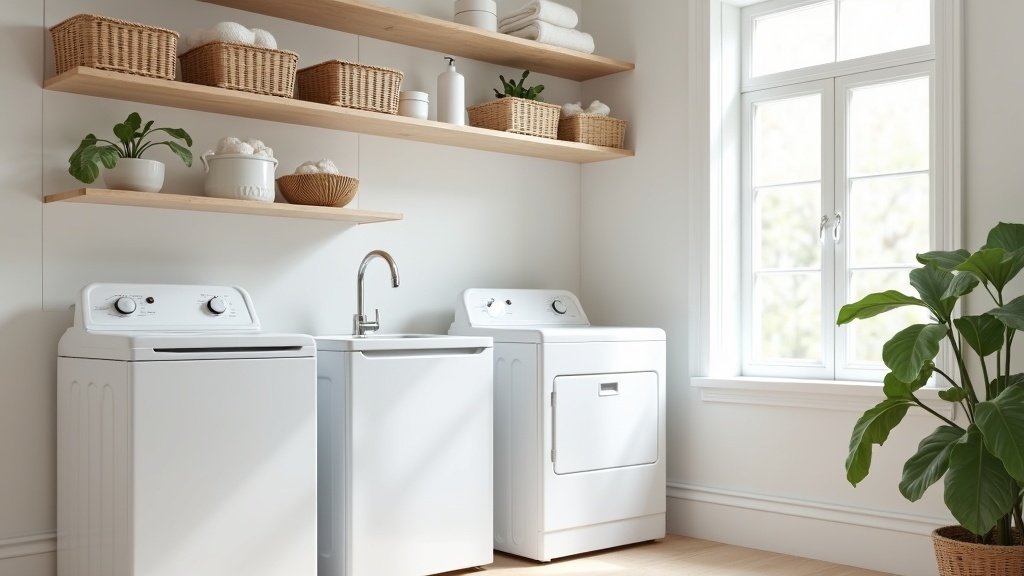 Clean organized laundry room with shelves and storage baskets