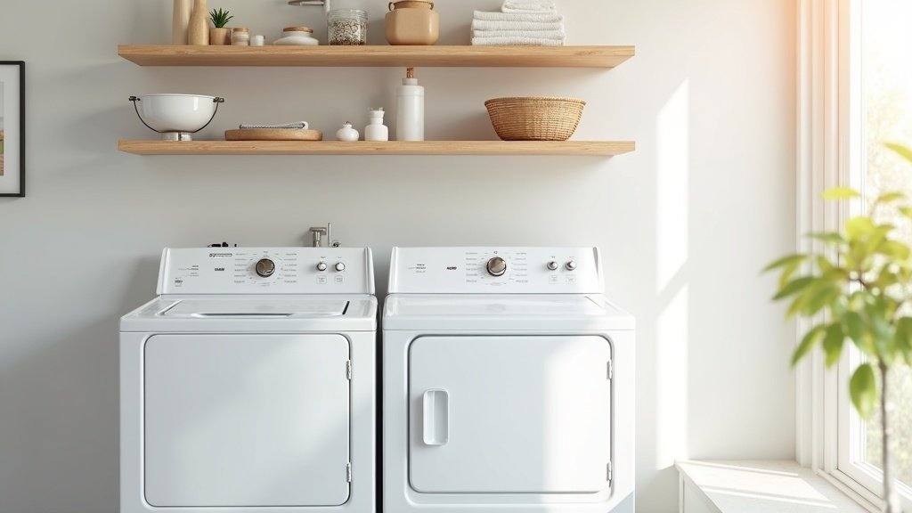 Over washer dryer shelving unit with organized laundry supplies