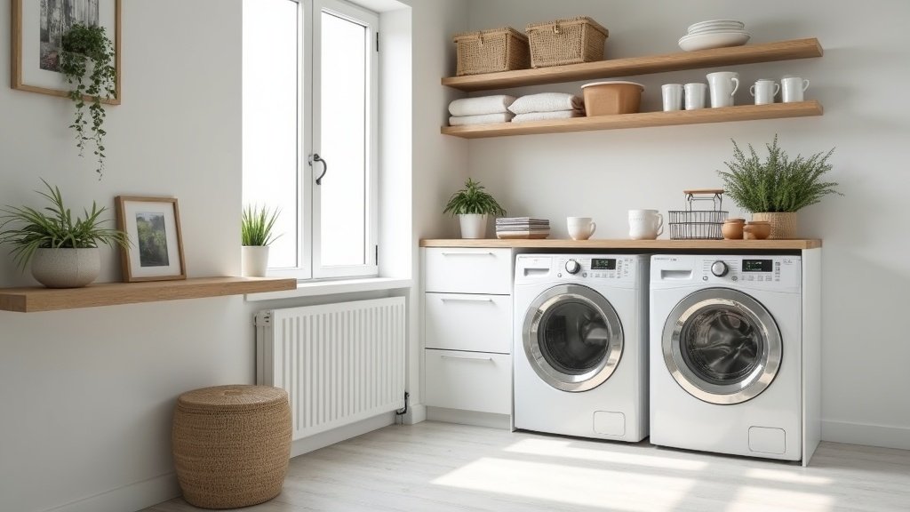 Well-organized laundry room with shelving and sorting system
