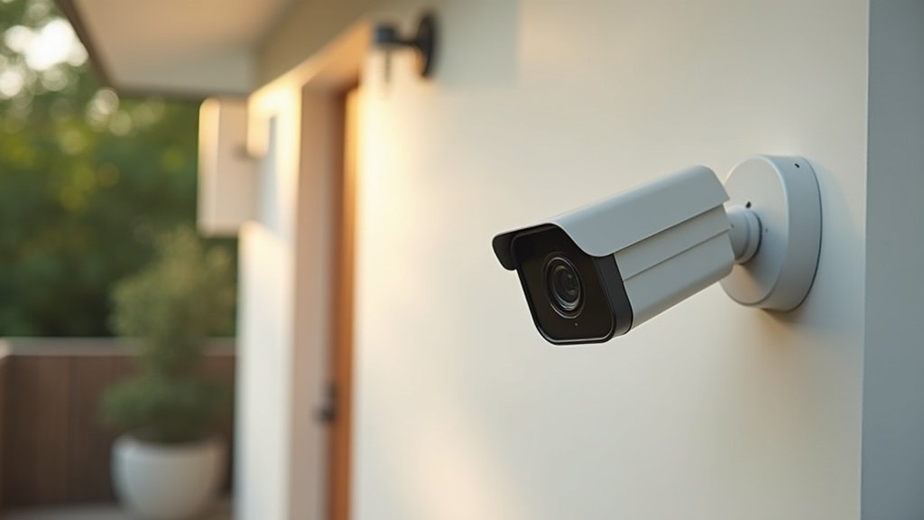 Outdoor security camera mounted on house exterior