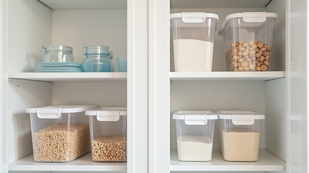 Organized pantry with clear storage bins on shelves