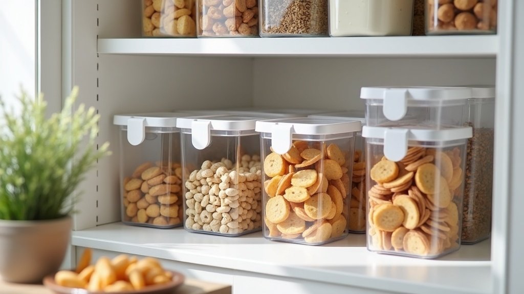Clear pantry bins neatly arranged with snacks and canned goods