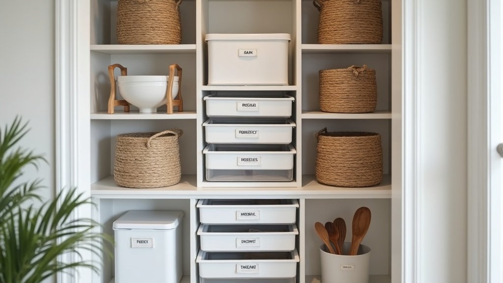 Well-organized walk-in pantry with labeled storage bins