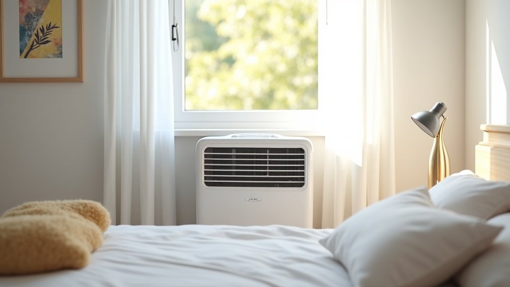 Portable air conditioner in a bedroom with window kit installed