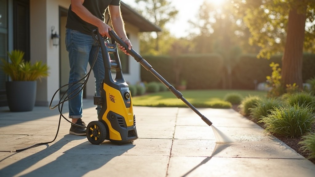 Electric power washer cleaning a concrete driveway