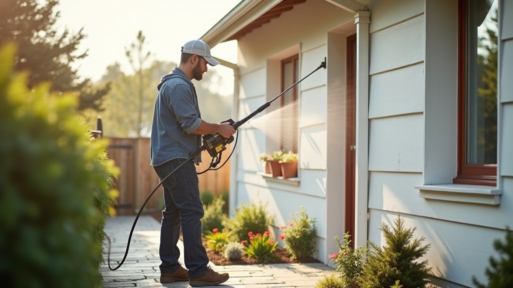 Person using electric pressure washer on house siding