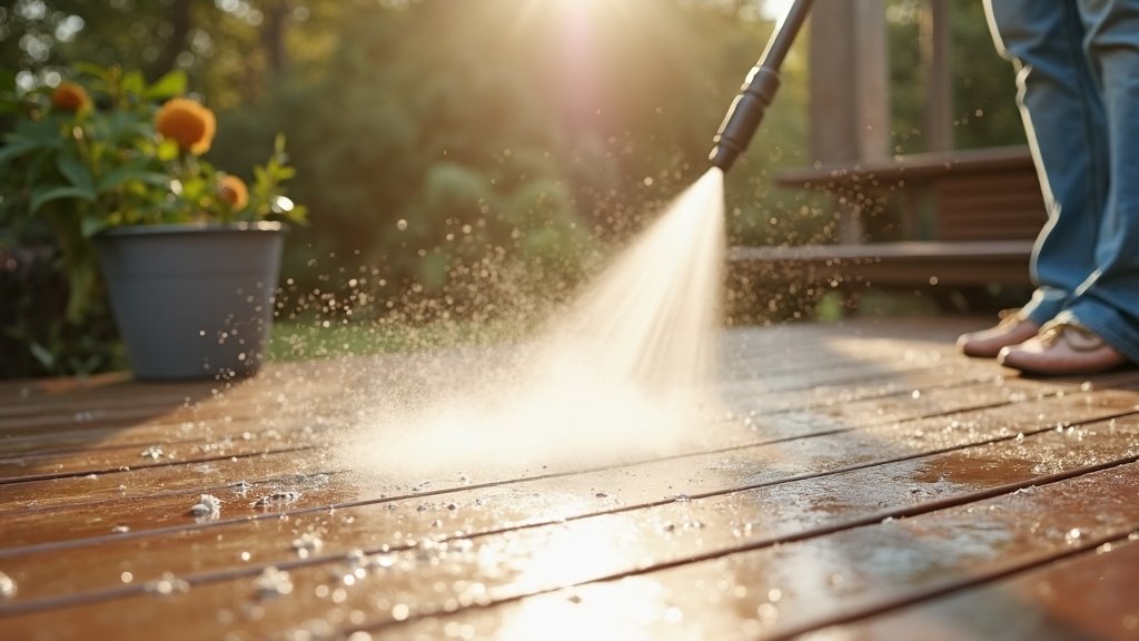Power washer nozzle spraying water on wooden deck