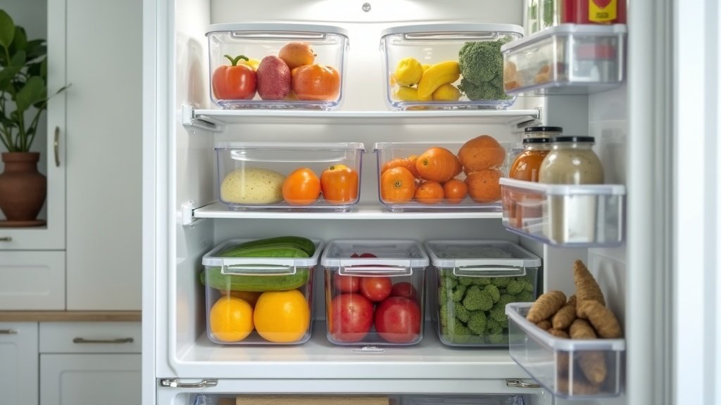 Neatly organized refrigerator interior with clear stackable bins holding fruits vegetables and drinks