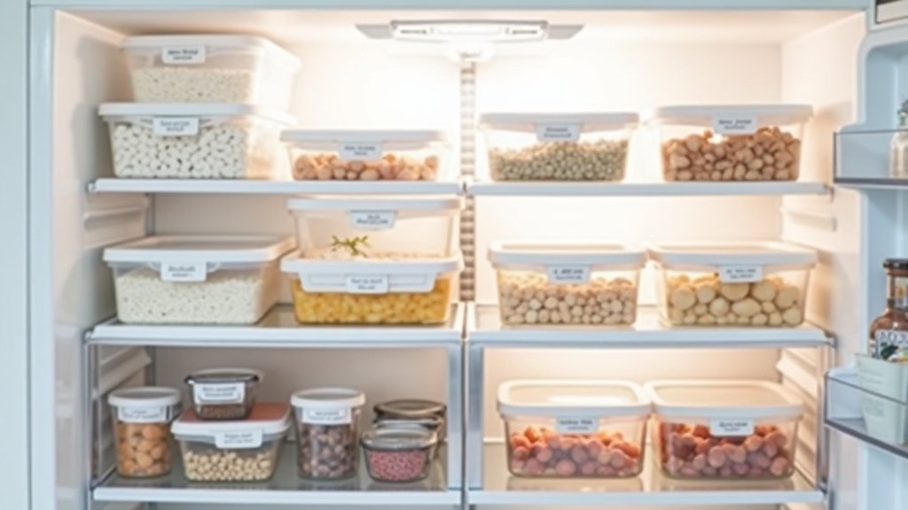 Clear BPA-free fridge organizer bins stacked neatly on refrigerator shelves with labeled food categories