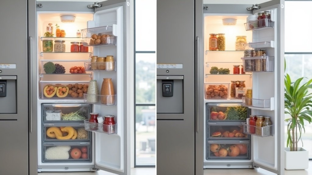 Refrigerator before and after organization with stackable clear bins and labeled food zones
