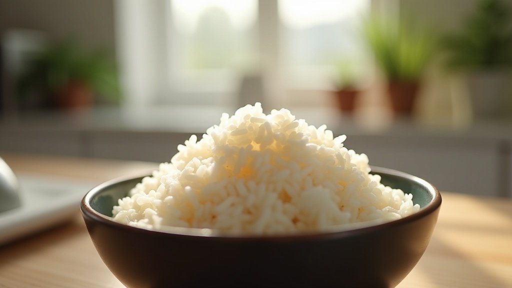 Perfectly cooked fluffy white rice in a rice cooker bowl