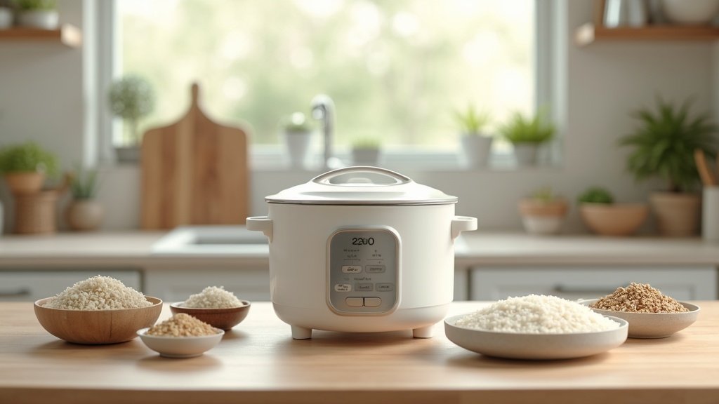 Rice cooker with various grains and ingredients on kitchen counter
