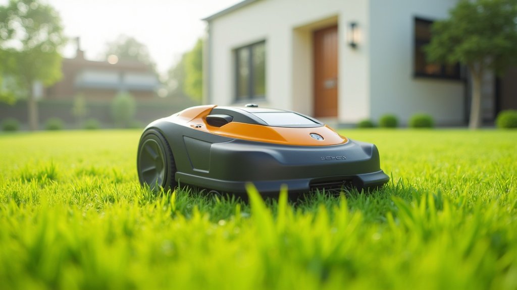 Robot lawn mower cutting grass on a green lawn