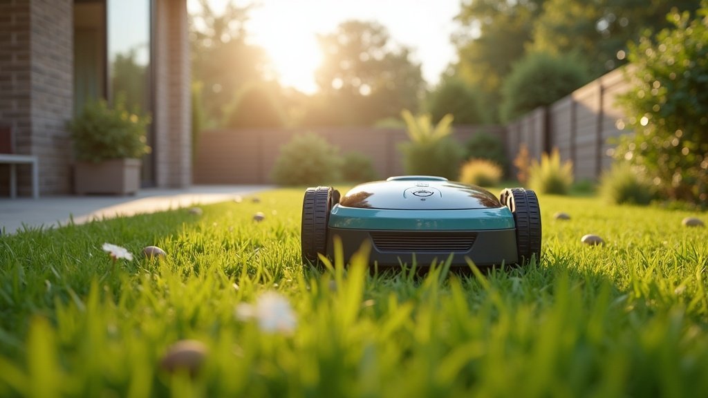Robot mower navigating around garden obstacles