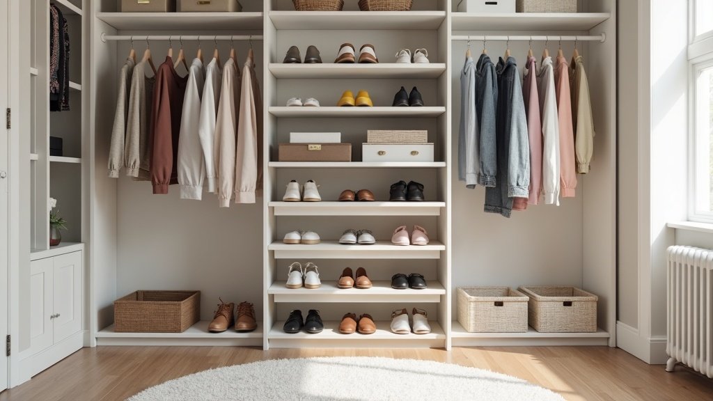Neatly organized closet with shoe storage racks and boxes