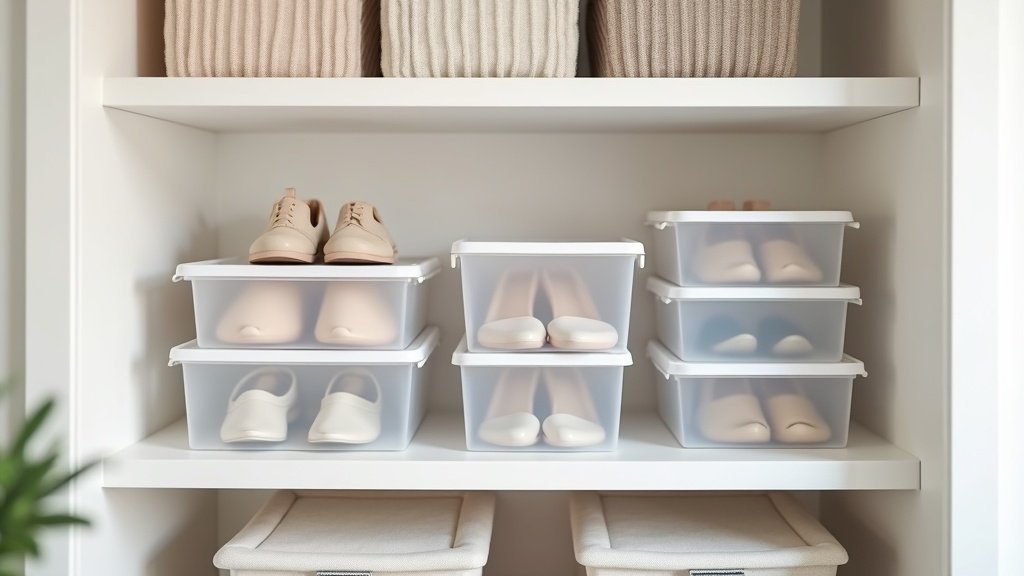Clear stackable shoe boxes organized on closet shelves