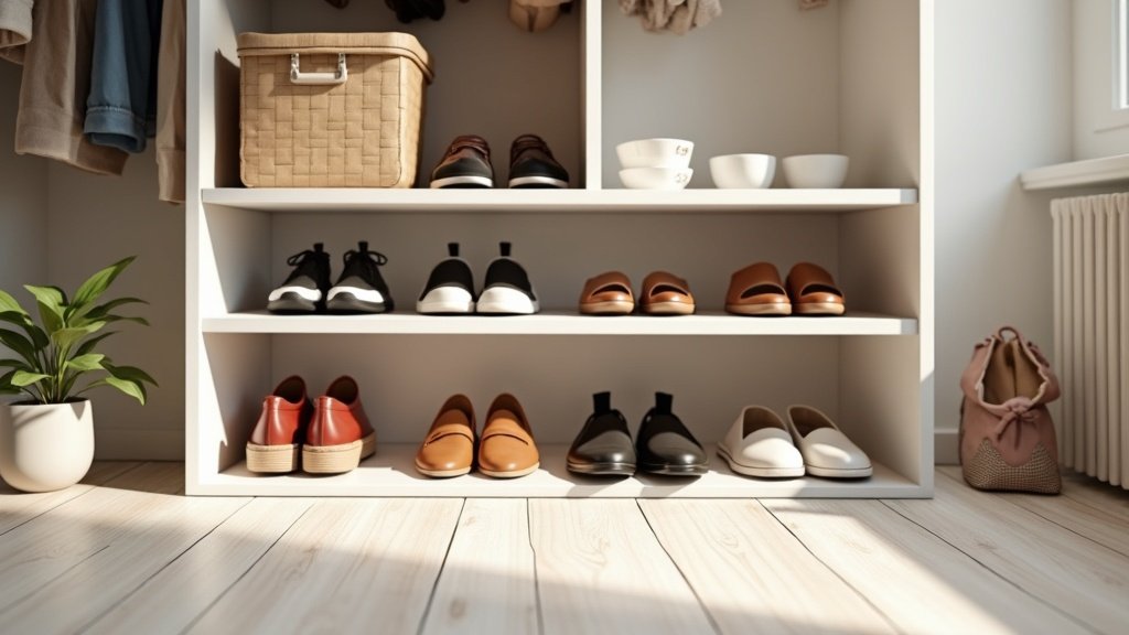 Organized closet floor with multiple shoe storage solutions