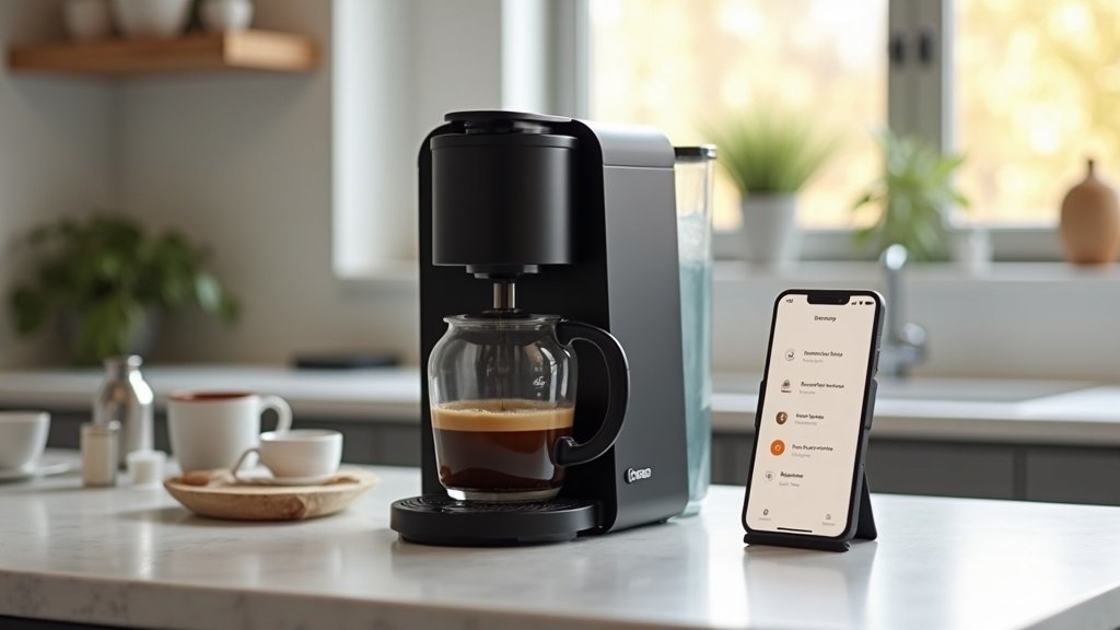 Smart coffee maker on a kitchen counter with smartphone app showing brew settings